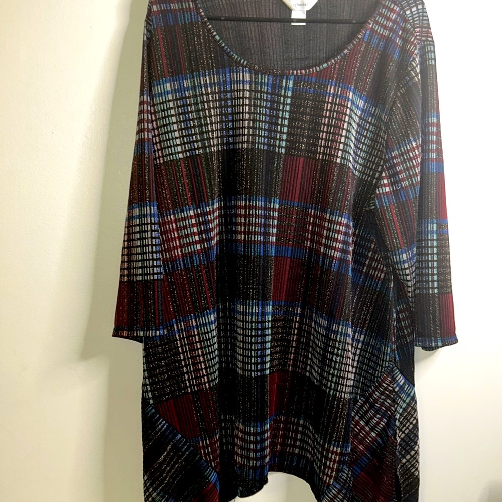 Cj Banks abstract tunic long sleeve top size 2x white black blue